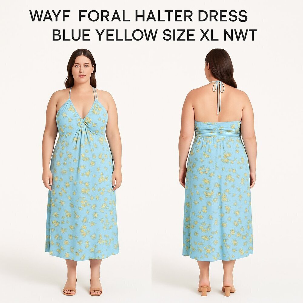 WAYF FLORAL HALTER DRESS BLUE YELLOW SIZE XL NWT